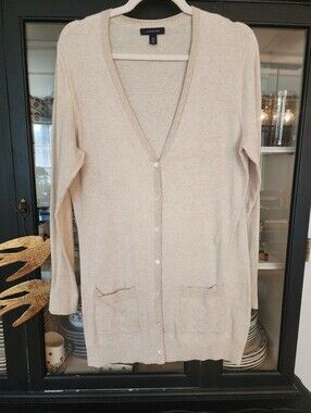 Lands' End Light Cream V-Neck Button Cardigan with Pockets